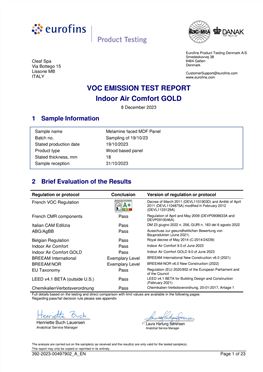 TEST REPORT EMISSIONE VOC - INDOOR AIR COMFORT GOLD - PANNELLO DI MDF NOBILITATO